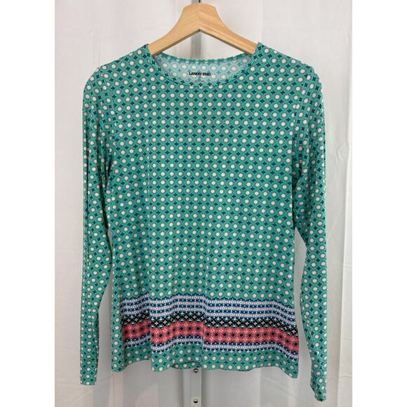 LANDS' END  2 4 XS Geometric Swim Top Rash Guard Long Sleeve Crew Green Multi - Picture 1 of 8